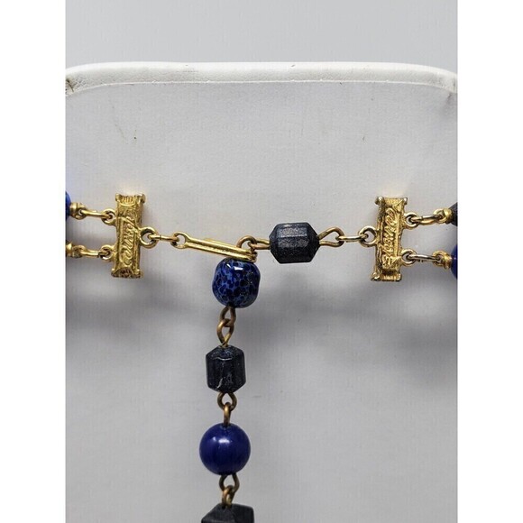 VINTAGE HATTIE CARNEGIE BLUE & BLACK MULTIPLE BEAD TWO STRAND NECKLACE SIGNED - Picture 6 of 12